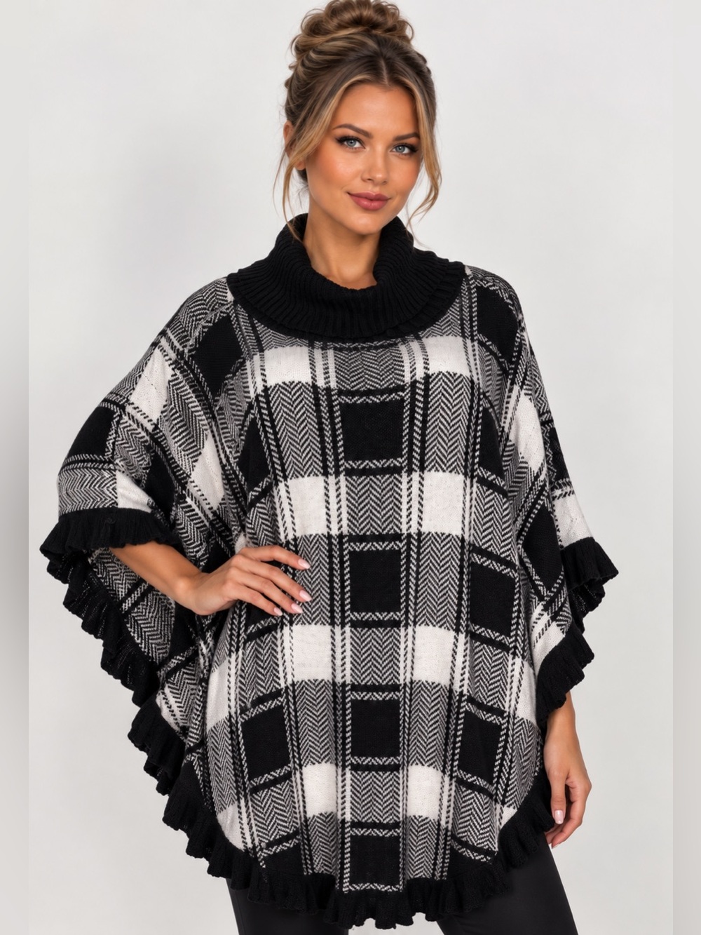 Joseph A. Black & White Plaid Turtleneck Knit Poncho Wrap with Ruffle Trim XL